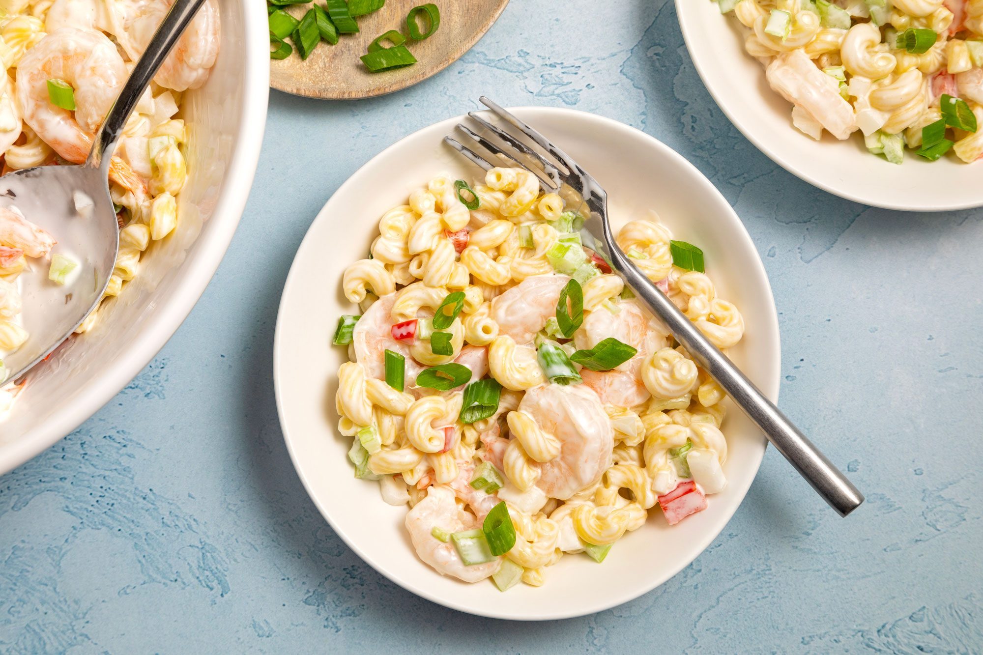 Tasty Shrimp Pasta Salad served on small plates with cutlery