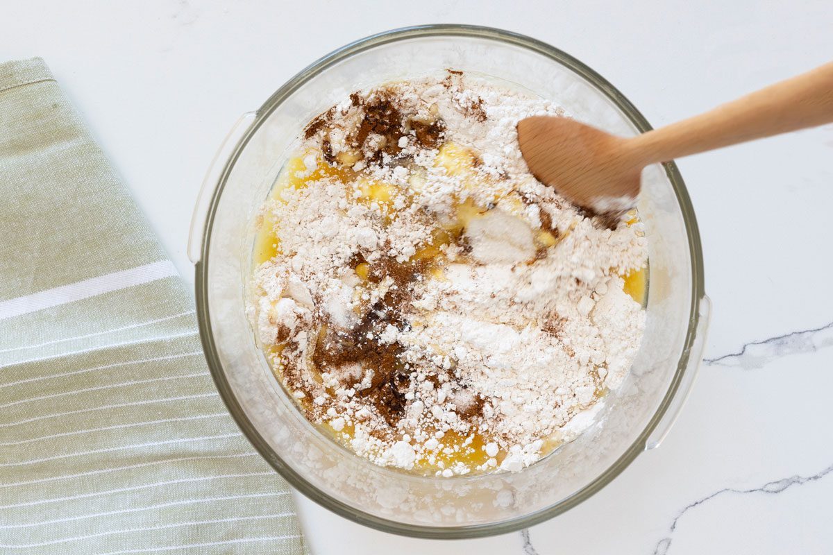 mixing wet and dry ingredients in a bowl