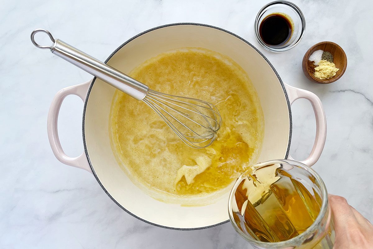 Step 2 for how to make Taste of Home's Beer Cheese Soup recipe; adding beer