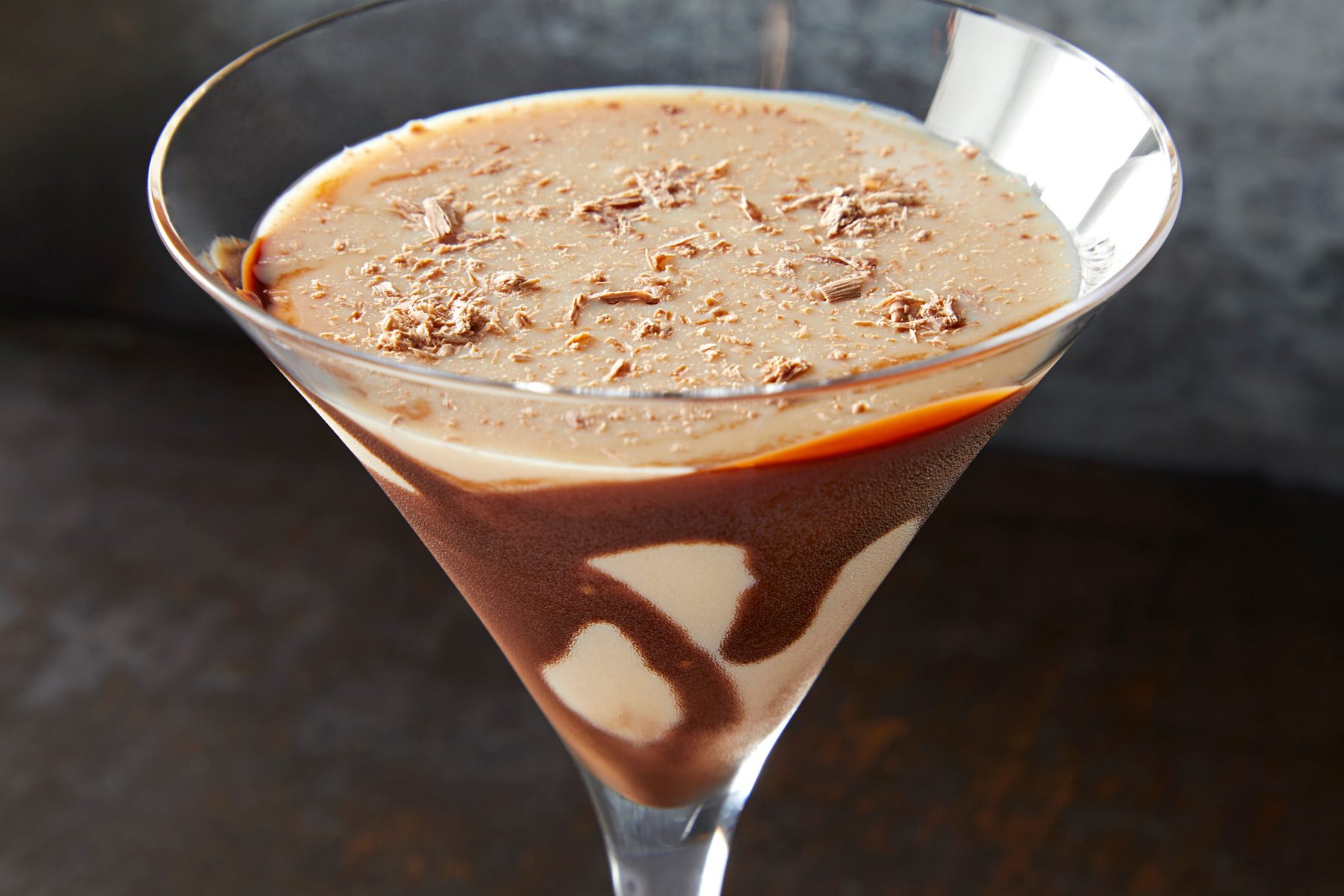 Close up of Chocolate Martini with chocolate shavings in a martini glass