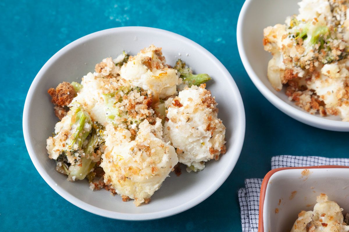 Single servings of Taste of Home Broccoli Cauliflower Bake with the full yield peaking in