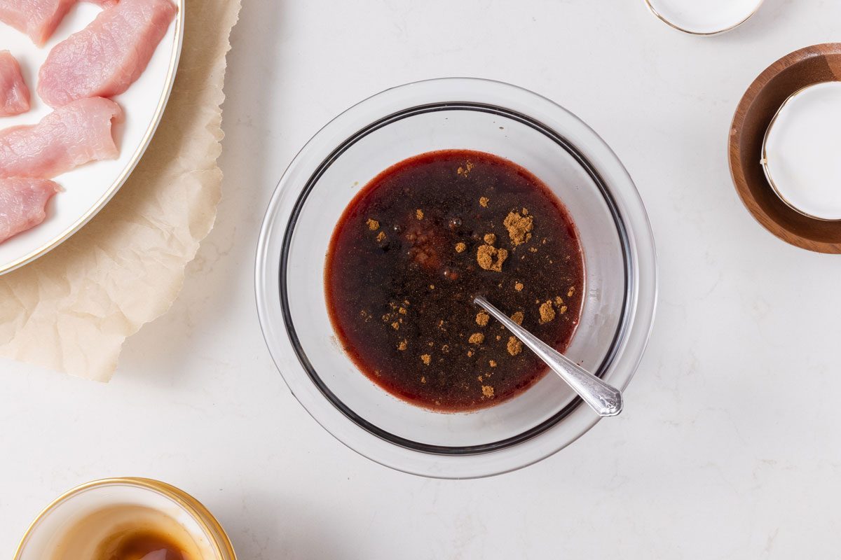 Close up of marinate in bowl. Chinese Boneless Spare Ribs photographed for Taste of Home.