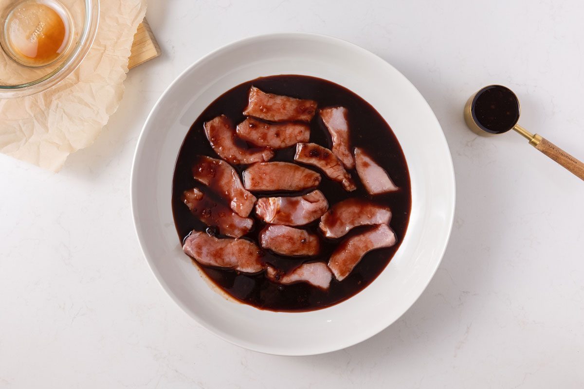 Close up of pork in marinate. Chinese Boneless Spare Ribs photographed for Taste of Home