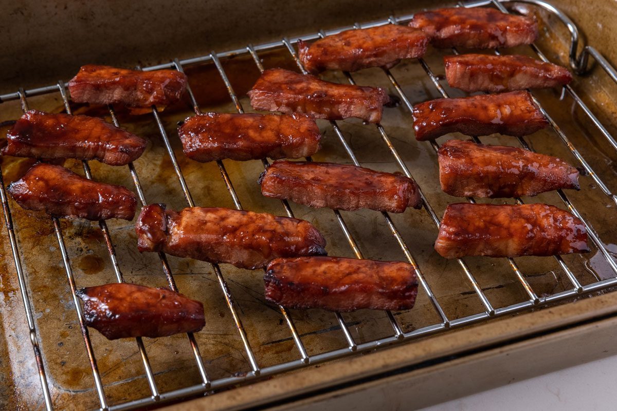 Meat baked resting in baking tray. Chinese Boneless Spare Ribs photographed for Taste of Home