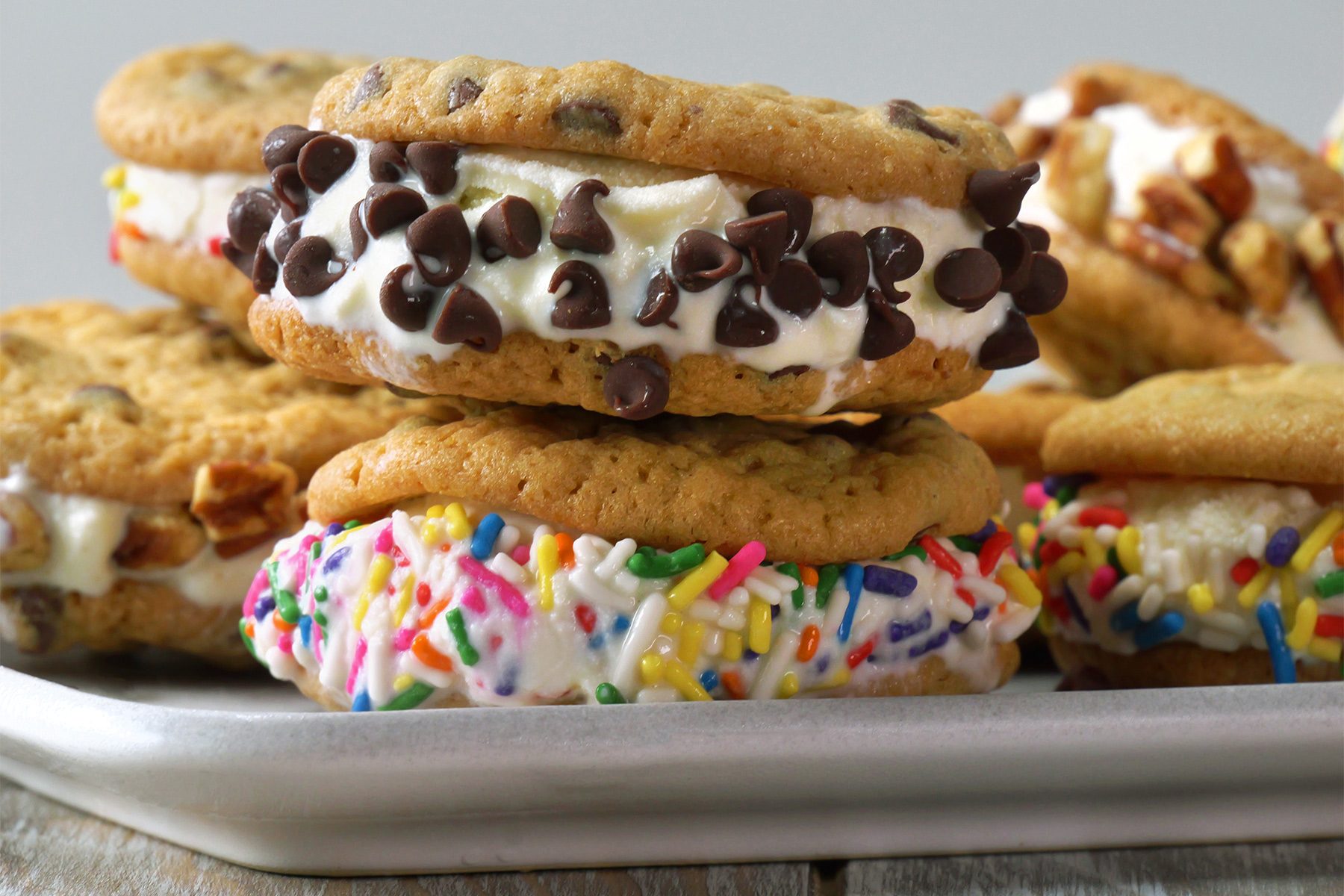 close shot of chocolate chip cookie ice cream sandwiches