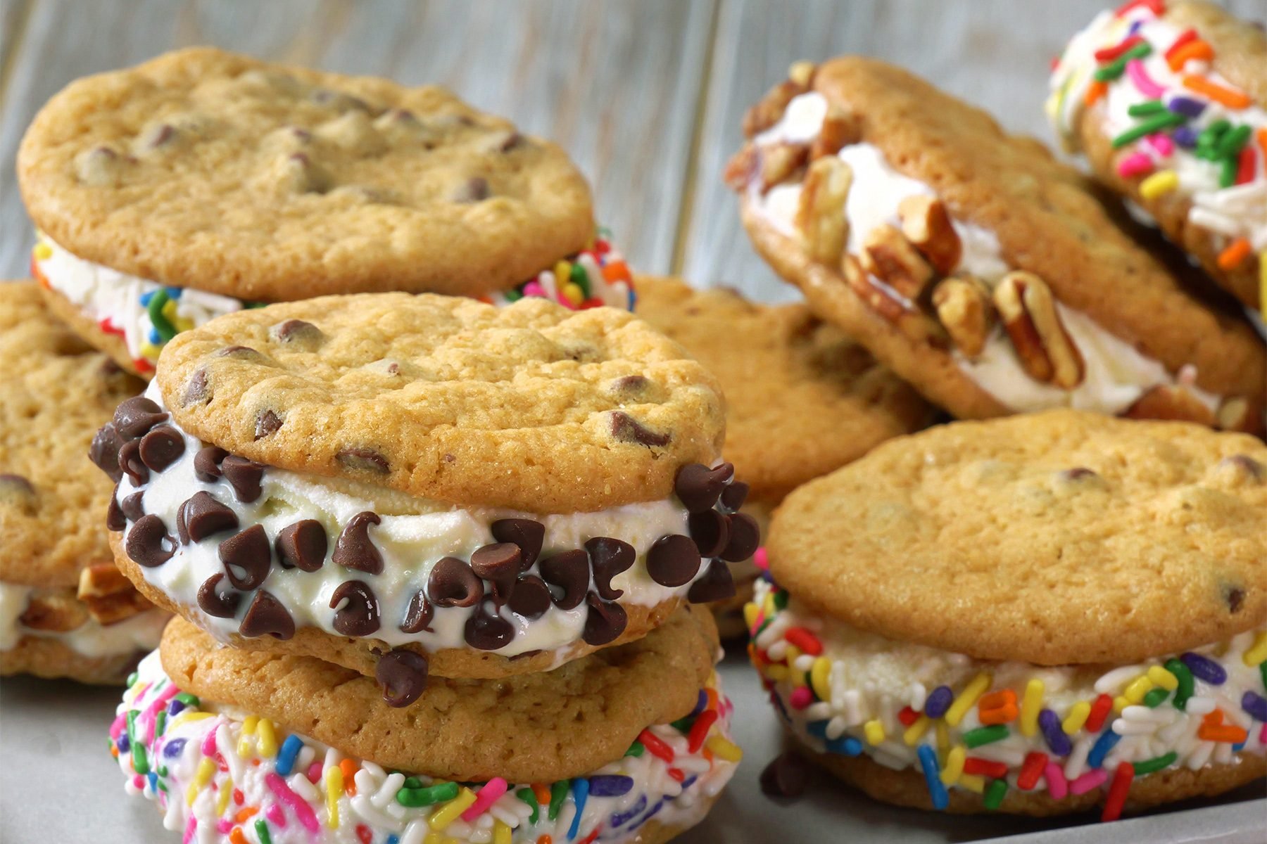 wide shot of chocolate chip cookie ice cream sandwiches