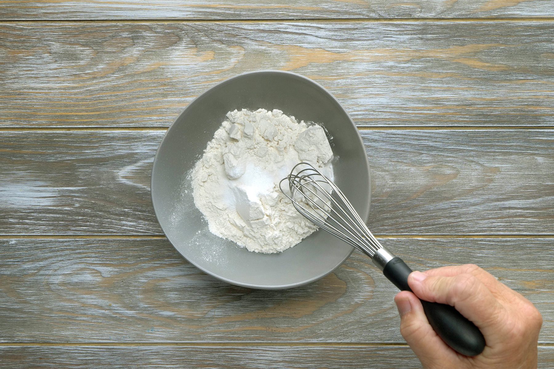 In another bowl, whisk flour, baking powder, baking soda and salt