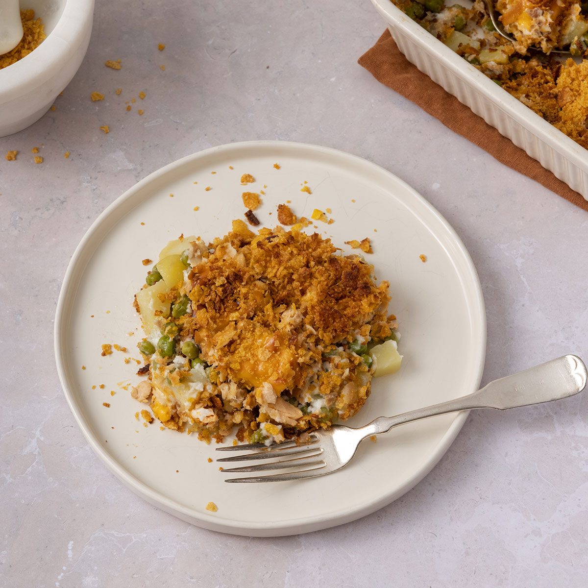 Salmon casserole served on plate.