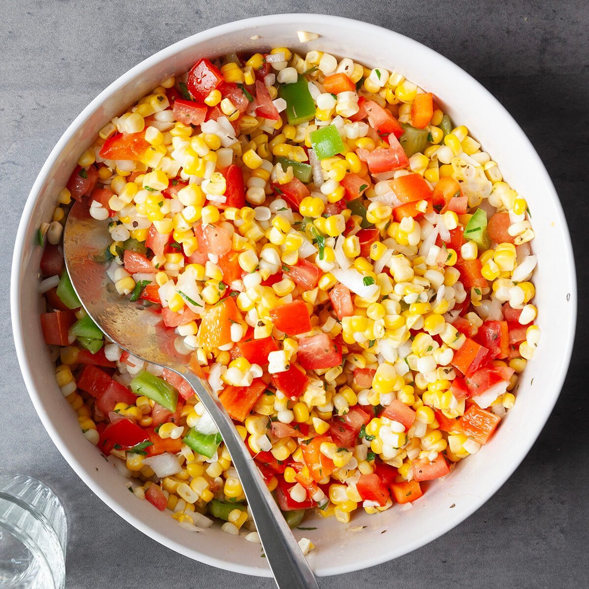 Full Yield Of Taste Of Home Fresh Corn Salad In A Large Sercing Bowl