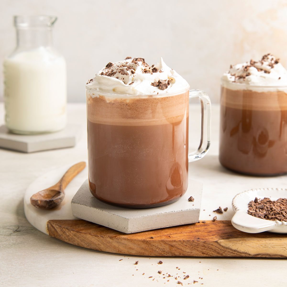 Hot Chocolate Coffee in a clear mug topped with whipped cream