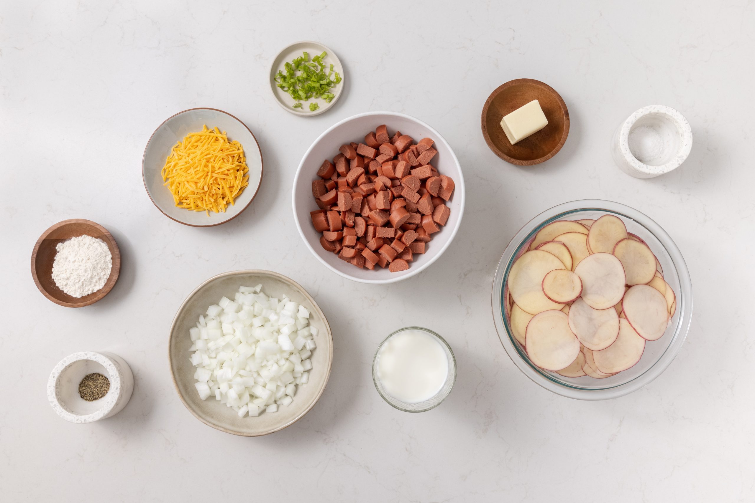 Ingredients for hot dog casserole on kitchen counter.