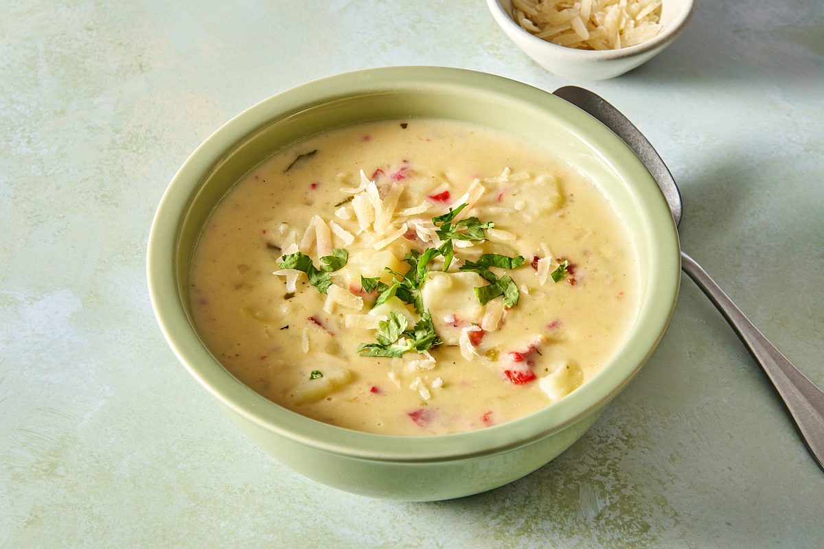 Shot of a bowl of Instant Pot potato soup in a bowl