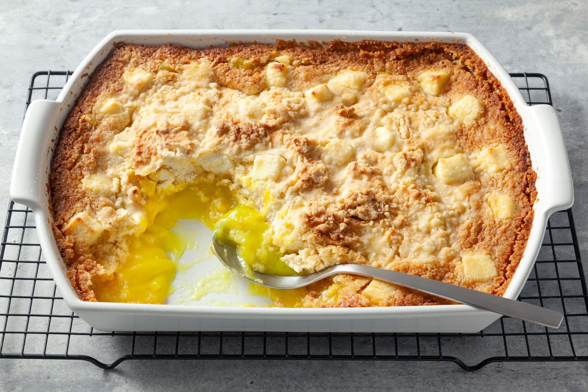 Lemon Dump Cake served hot in a baking dish