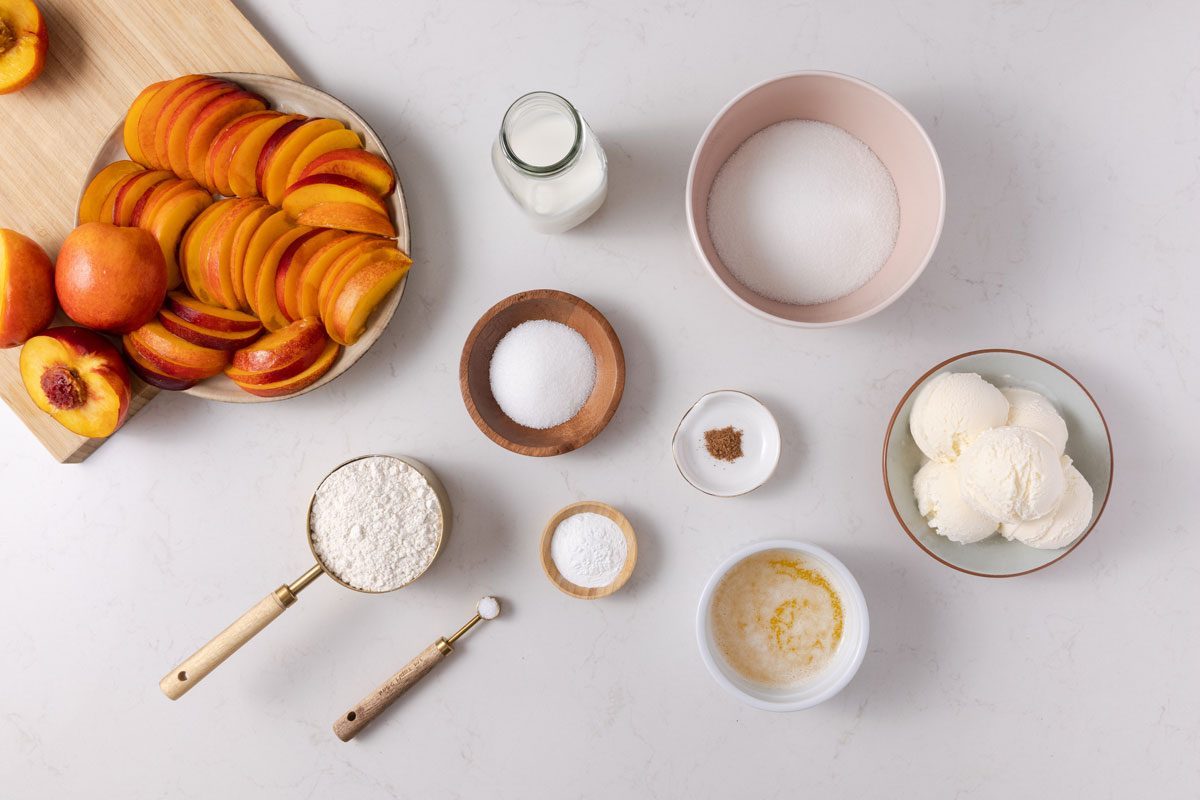 Nectarine Cobbler ingredients laid out on kitchen Counter.