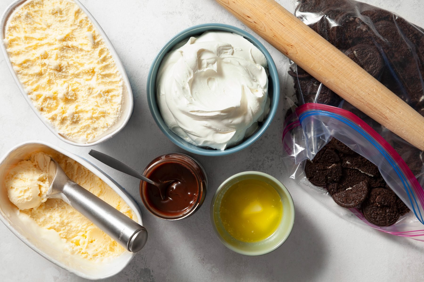 Ingredients for making an Oreo Ice Cream Cake