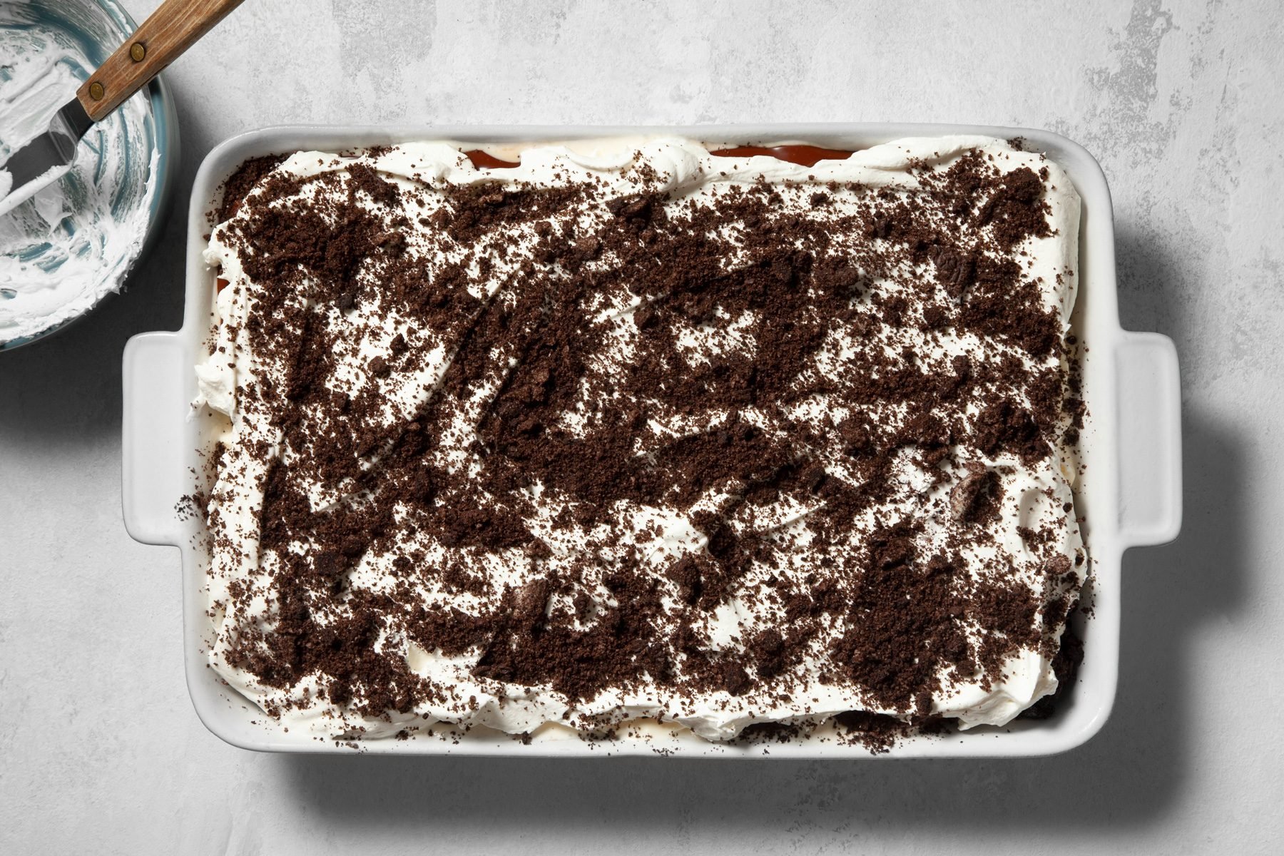 Top view of Oreo Ice Cream Cake in baking tray