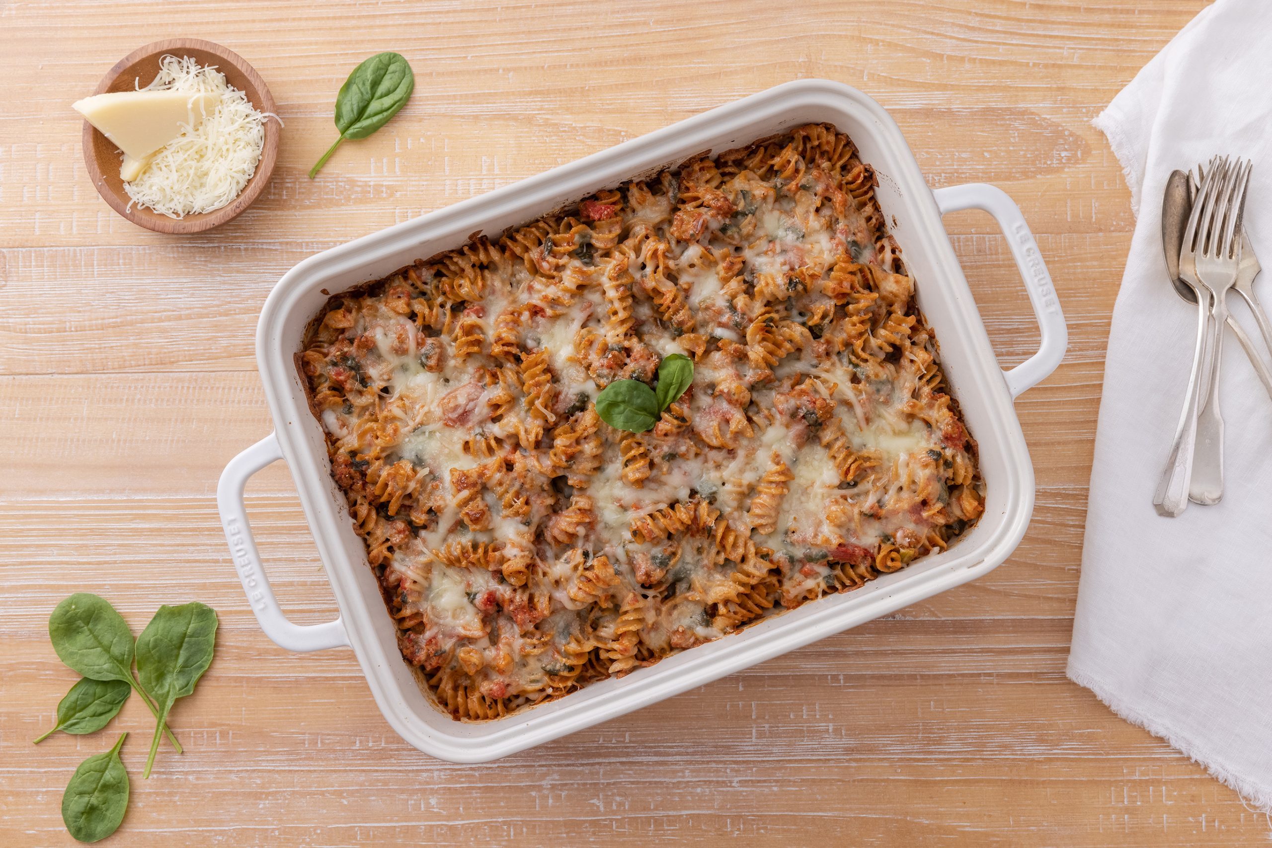 Sausage spinach pasta baked and ready to serve.