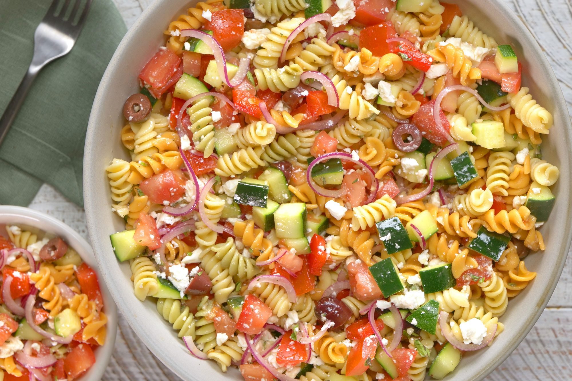overhead shot of Rotini Pasta Salad in a large bowl