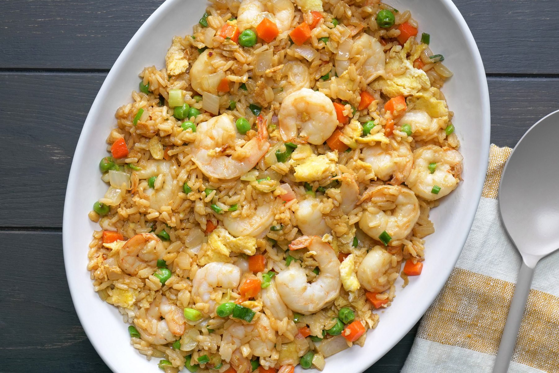 Top view of Shrimp Fried Rice in serving bowl