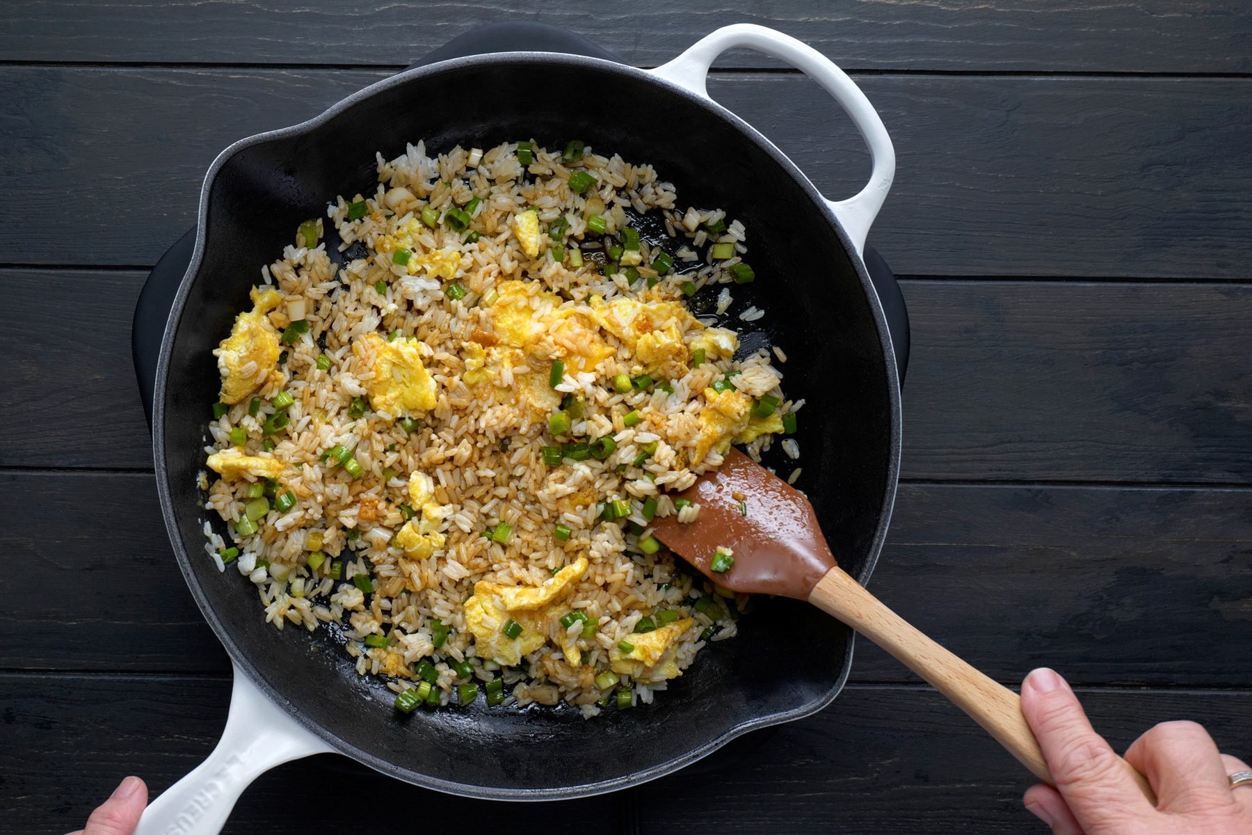 In a skillet, stir the eggs over medium heat until completely set into small, soft curds.