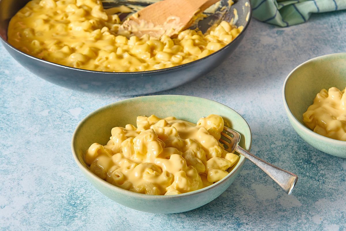 Portion of skillet mac and cheese served in a bowl