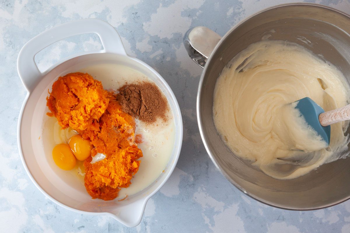 Step 2 of Taste of Home Sweet Potato Cheesecake Brownies is to make the sweet potato filling and beat the cream cheese filling