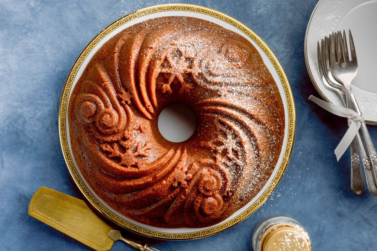 top view of a Gingerbread Bundt Cake with snowflake design on top