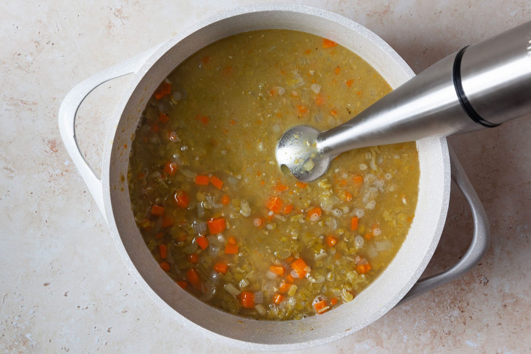 Step two of Taste of Home Vegetarian Split Pea Soup is to blend the soup together