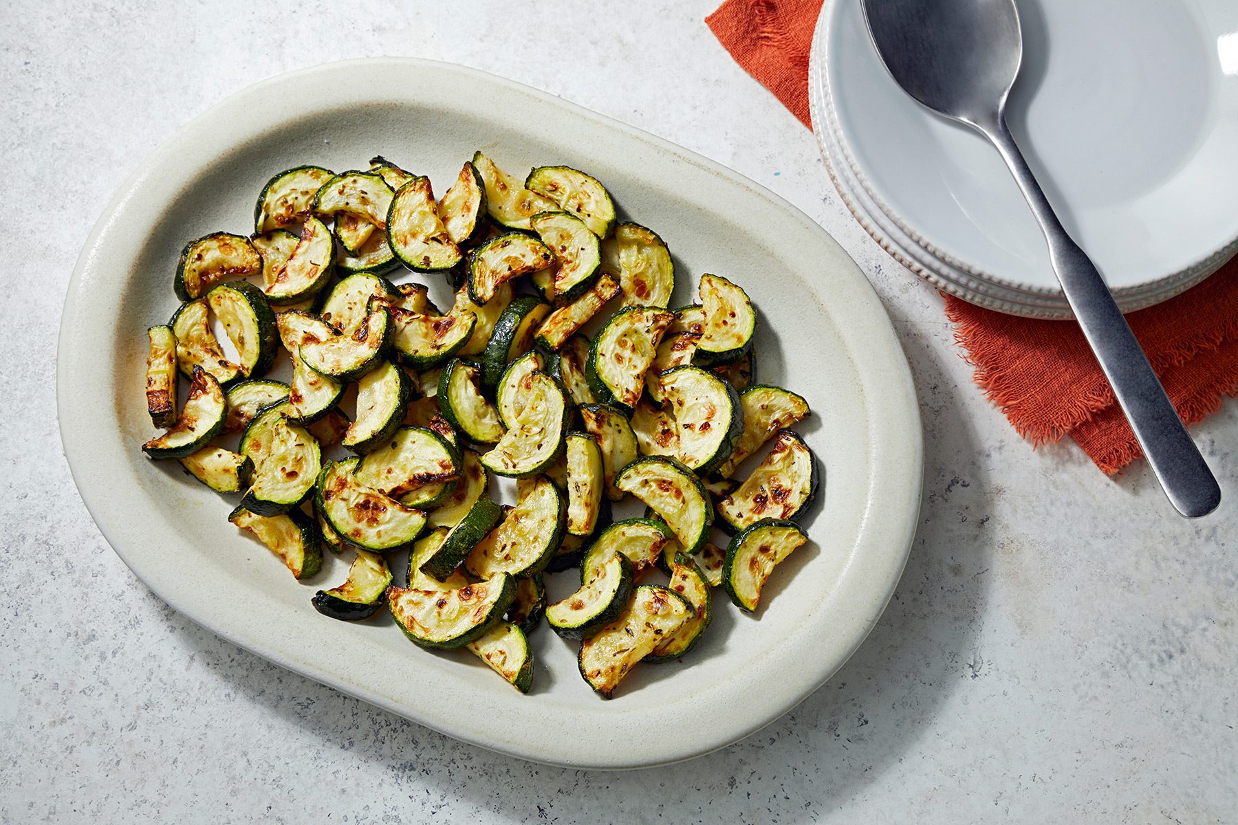 wide shot of crispy air fryer zucchini