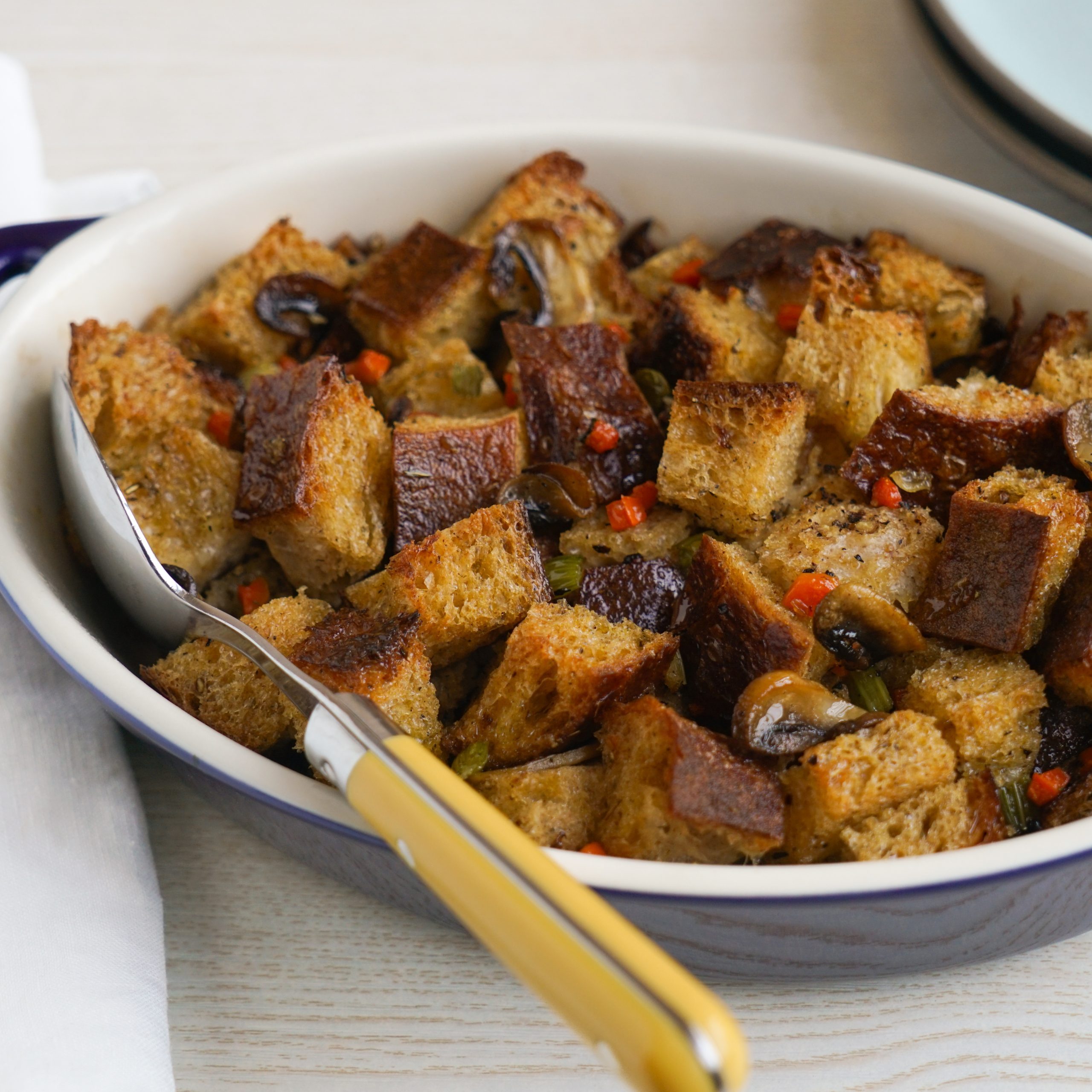 Sourdough stuffing in a casserole dish