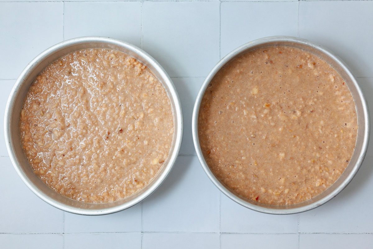 Step 5 of Taste of Home Apple Spice Cake is to add the batter to prepared pans and bake