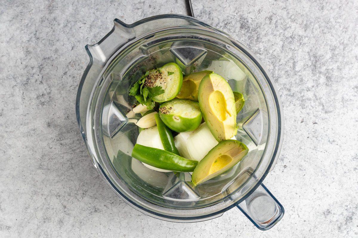 Taste of Home Avocado Salsa Verde recipe photo of all the ingredients in a blender.