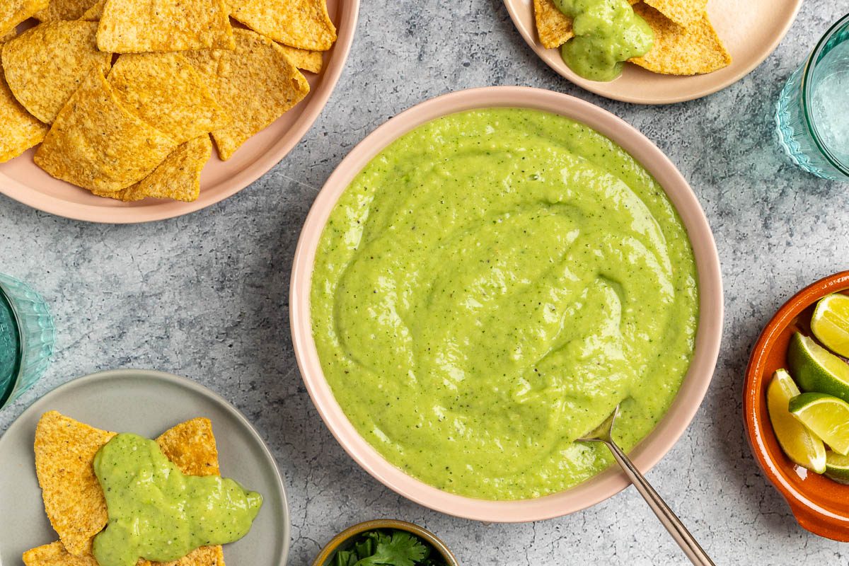 Taste of Home Avocado Salsa Verde recipe photo of the finished recipe set into a serving bowl.