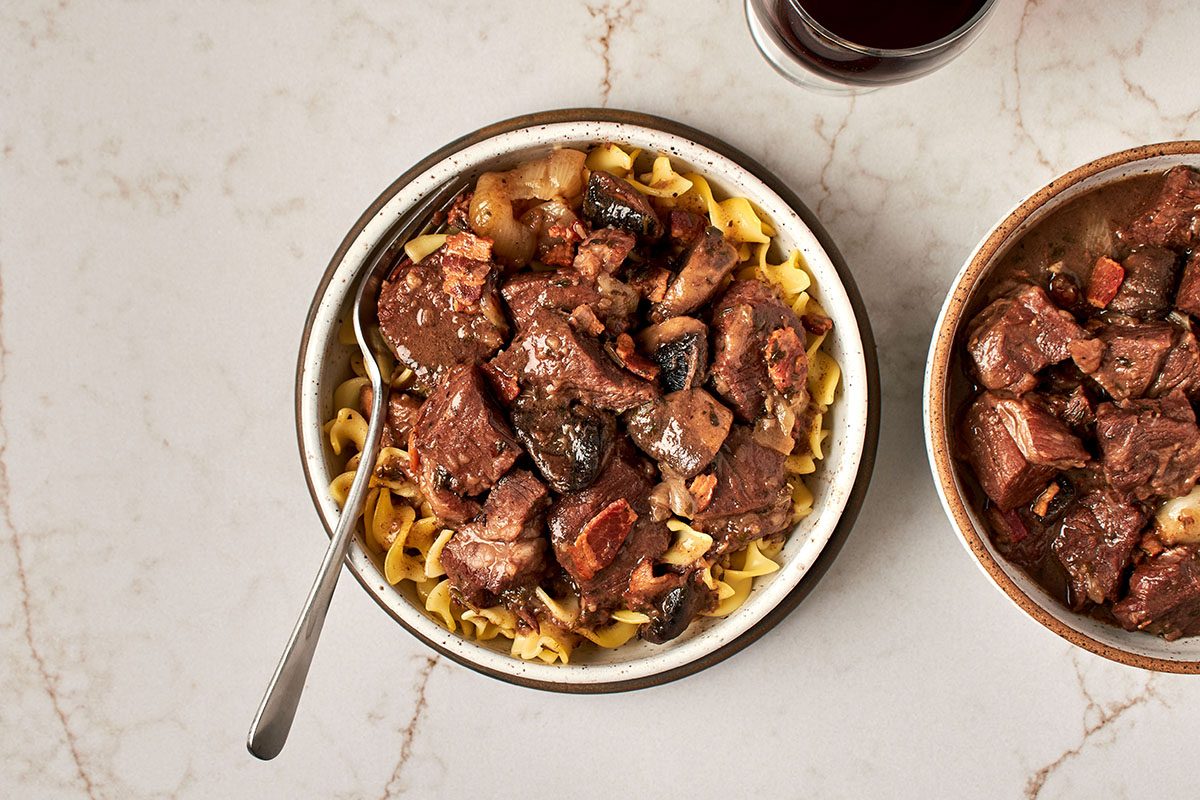 Instant pot beef bourguignon by Taste of Home delivers the beefy, red wine-braised flavor of the the classic French recipe in a fraction of the time.