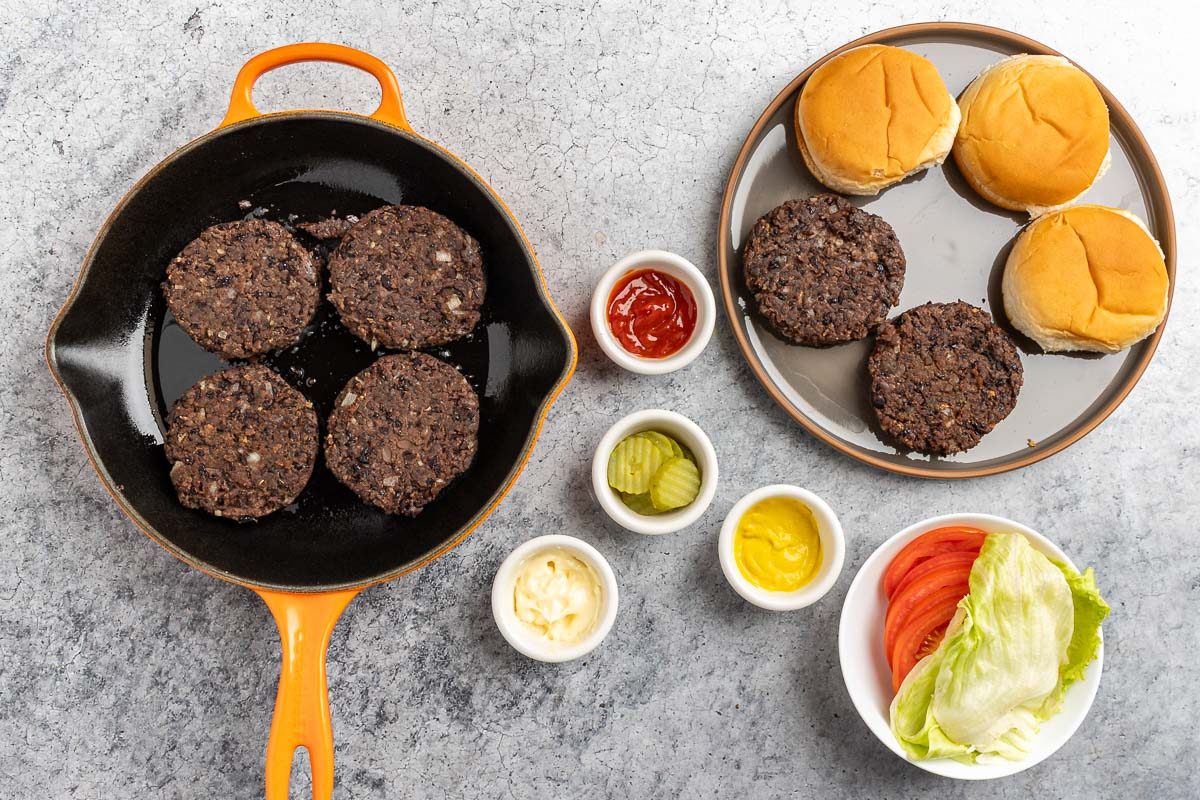 Taste of Home Black Bean Burger recipe photo of cooking and serving the burgers.