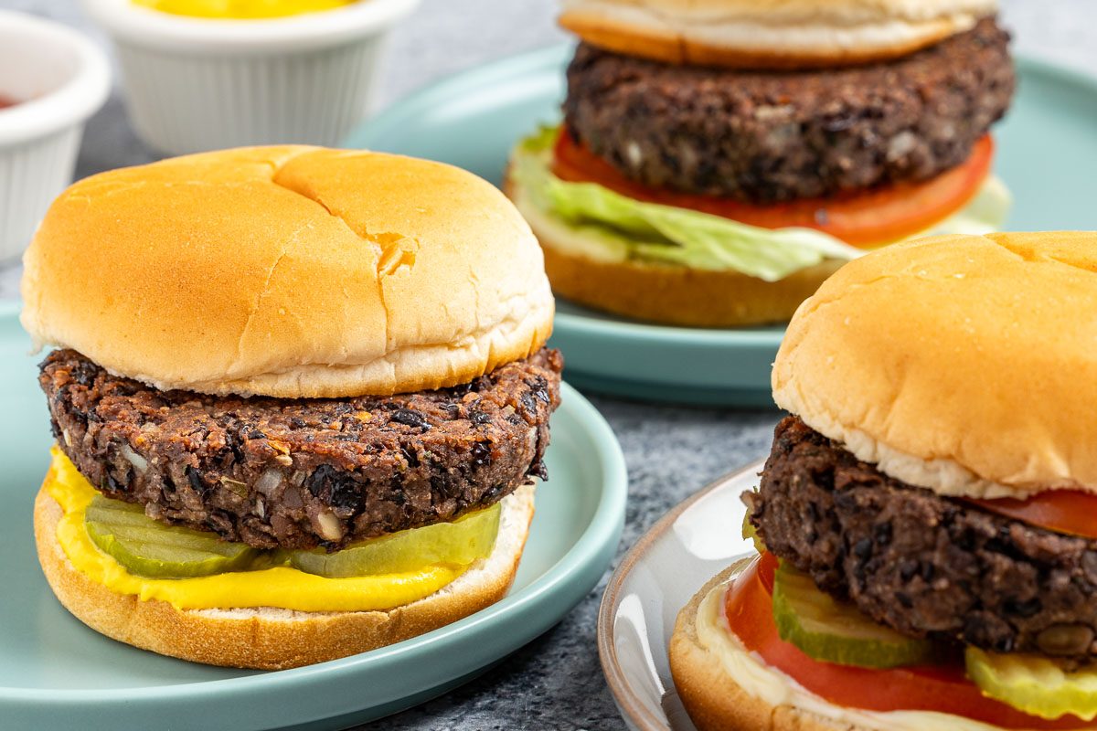 Taste of Home Black Bean Burger recipe photo of the finished recipe served with condiments.