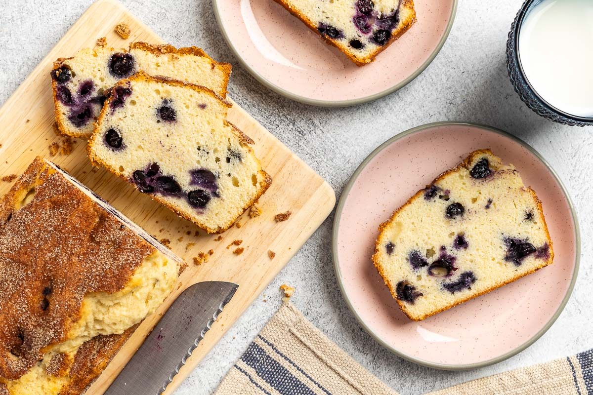 Taste Recipes Blueberry Pound Cake recipe photo of the finished recipe sliced and put on plates.