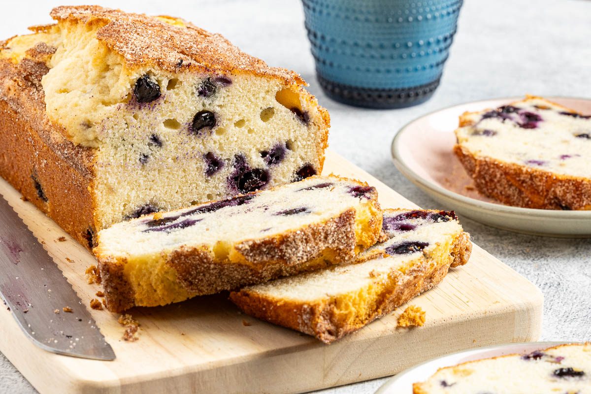 Taste Recipes Blueberry Pound Cake recipe photo of the finished recipe sliced and put on plates.