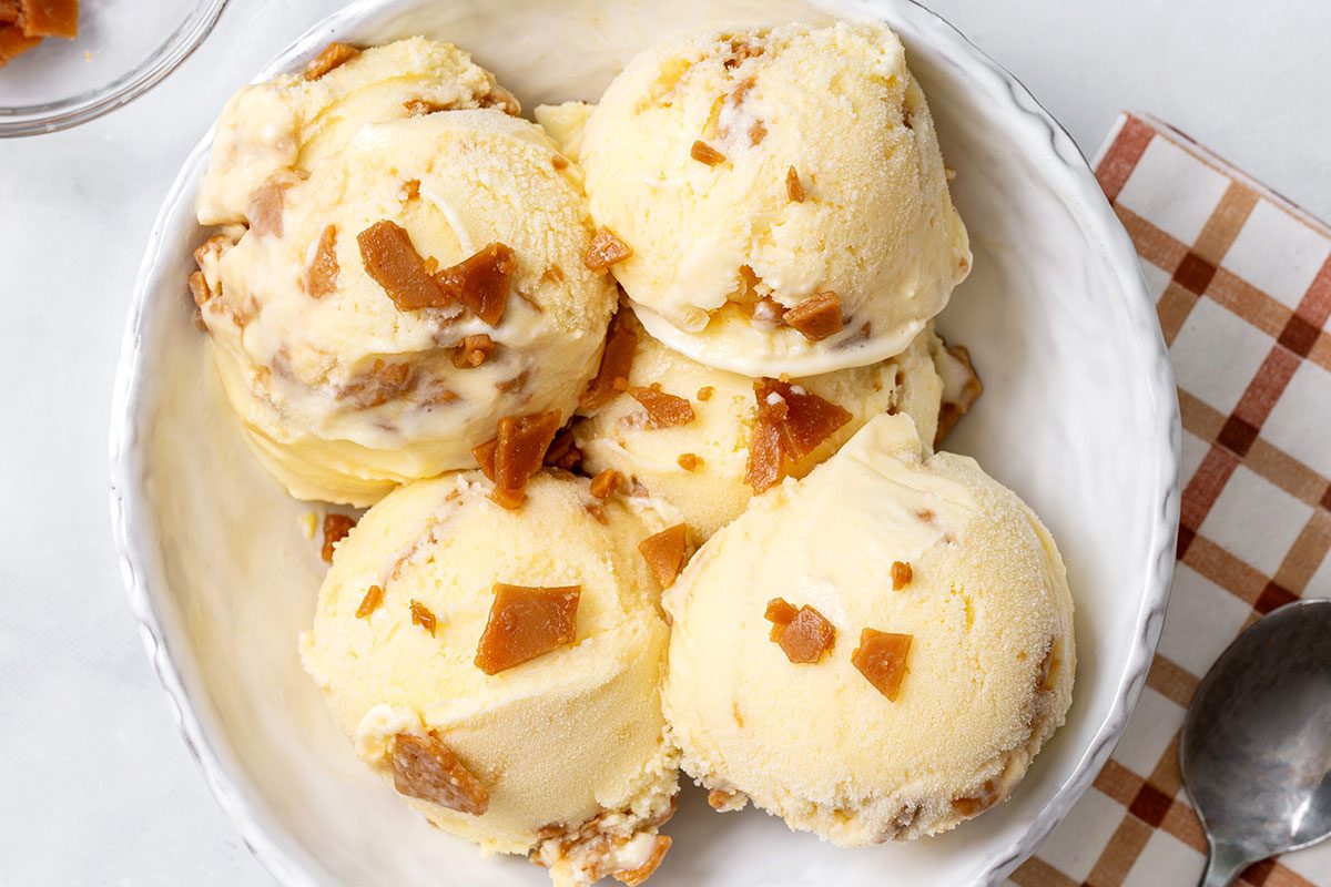 Scoops of Butter Brickle Ice Cream in a Bowl for Butter Brickle Ice Cream recipes