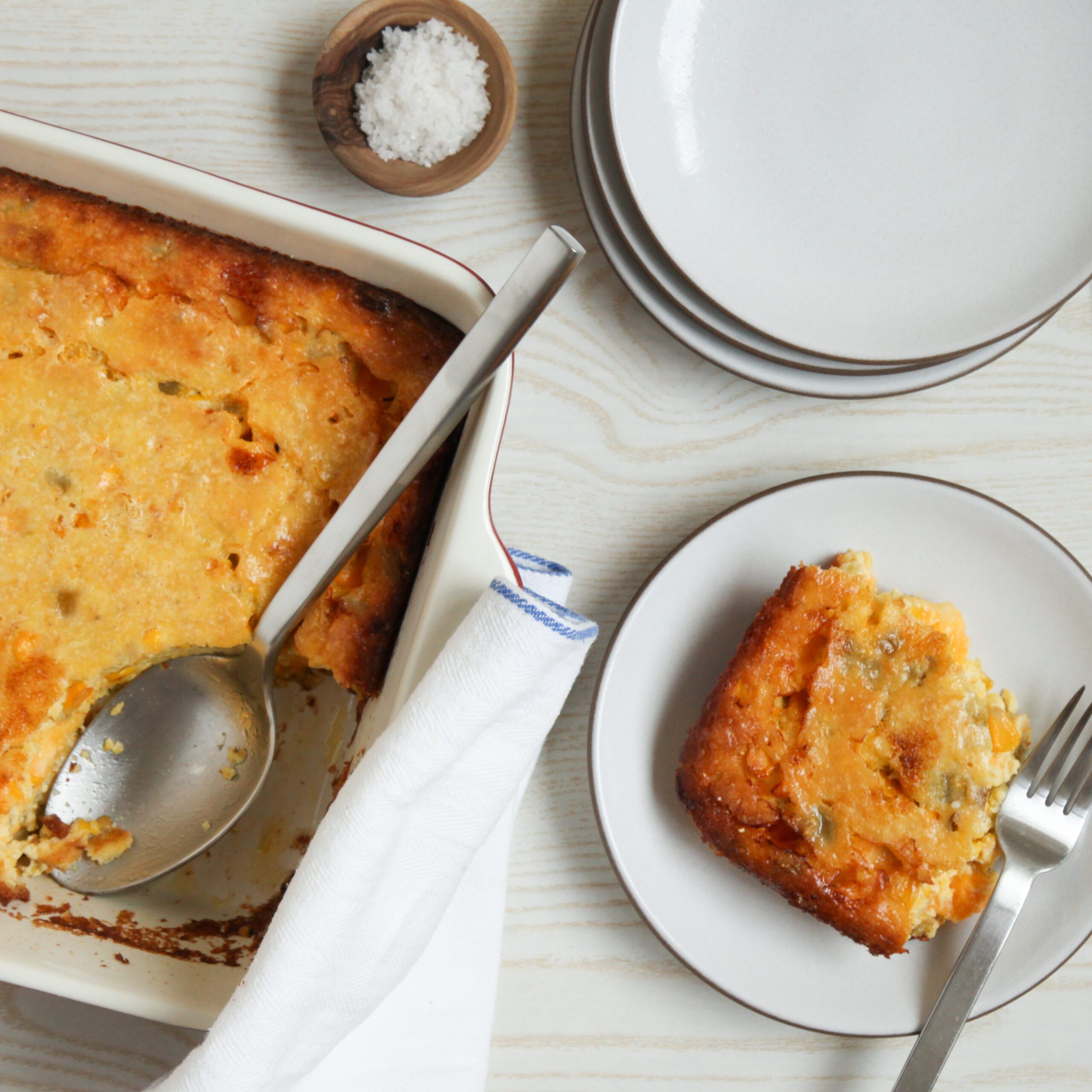 Cheesy Corn Casserole in a baking dish