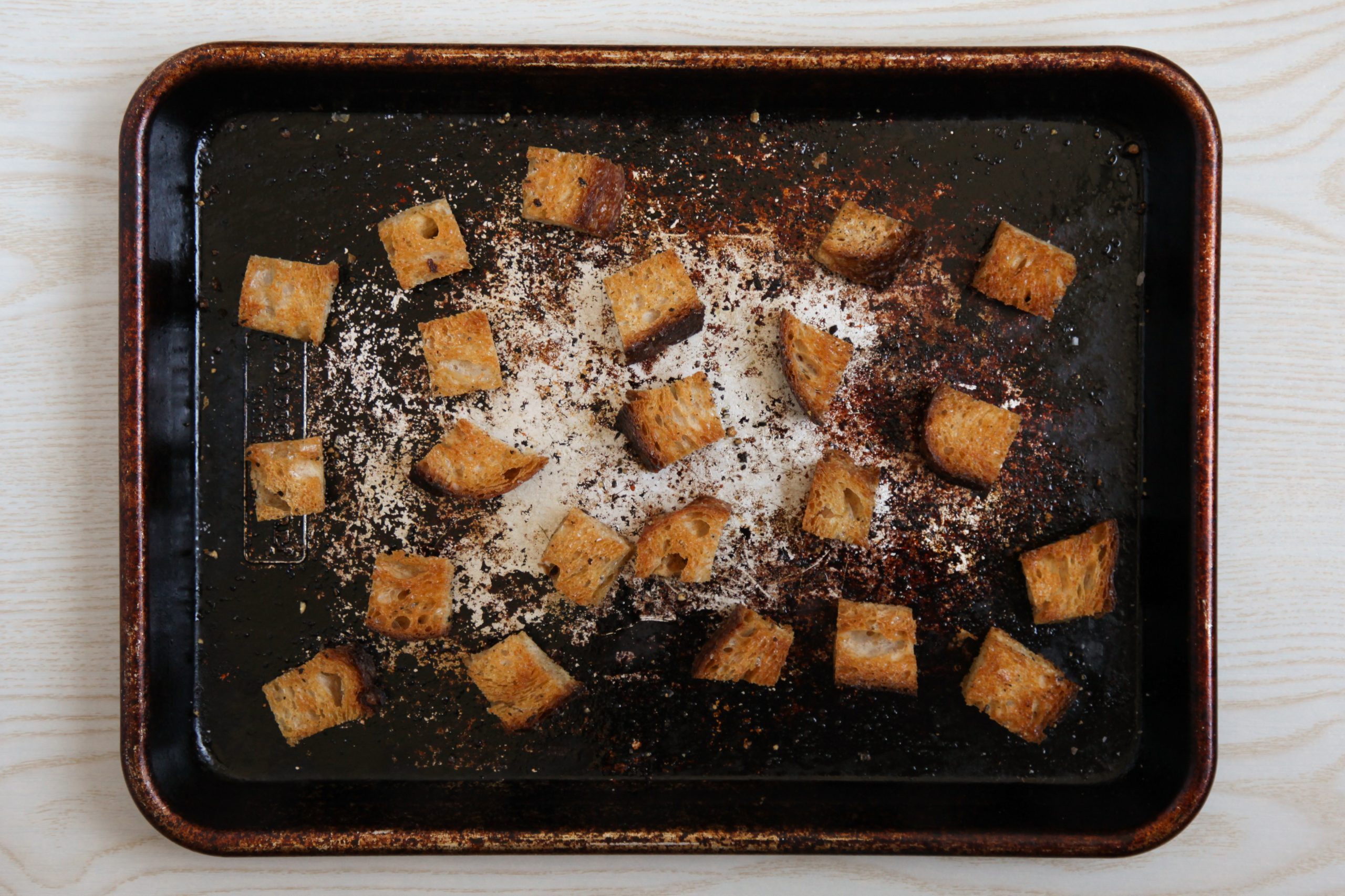 Making croutons for chicken caesar salad