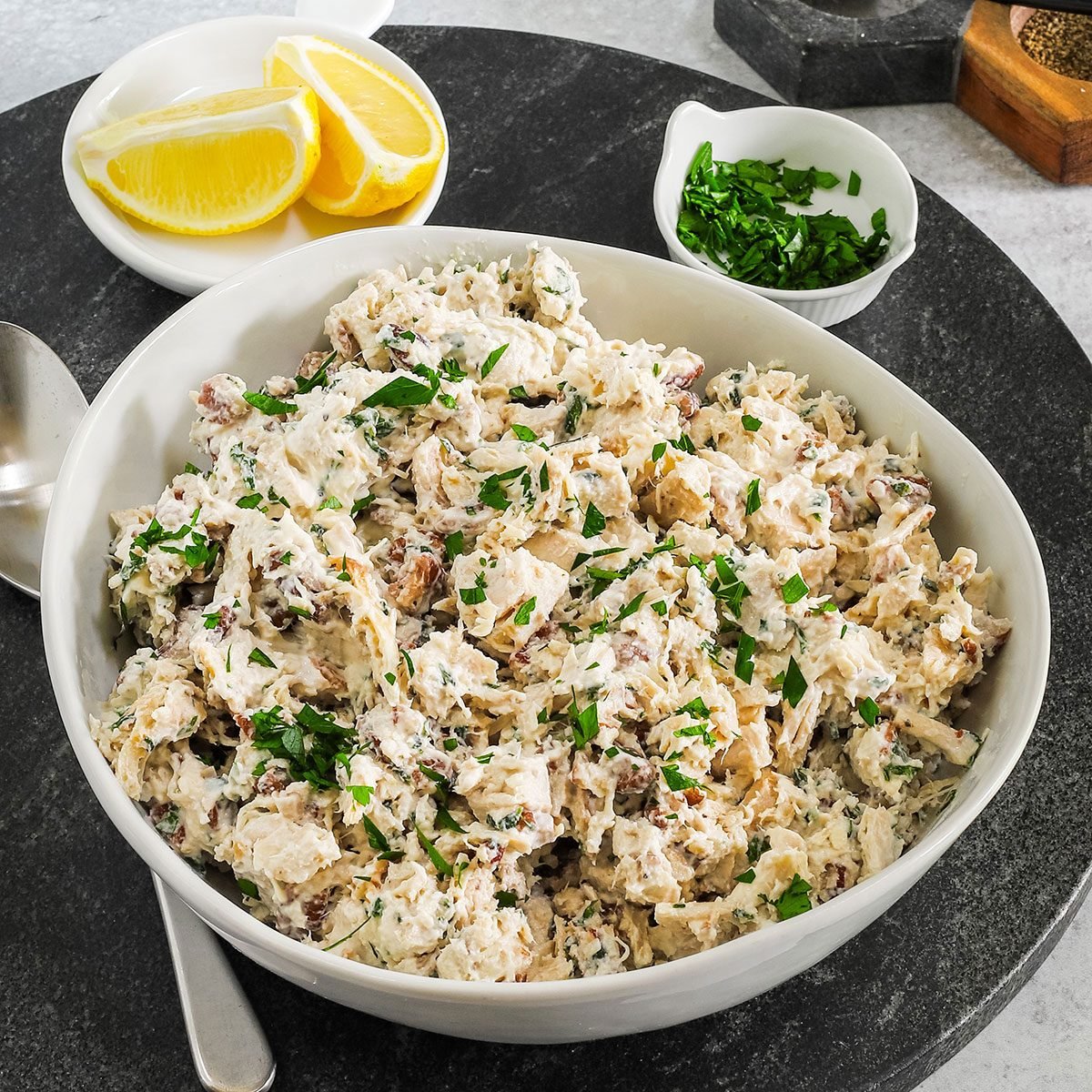 Taste Of Home Chicken Salad With Greek Yogurt In A Serving Bowl.