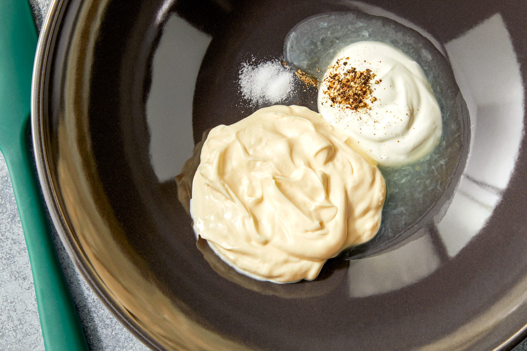 mayonnaise, sour cream, lemon juice, salt and pepper in a large bowl.