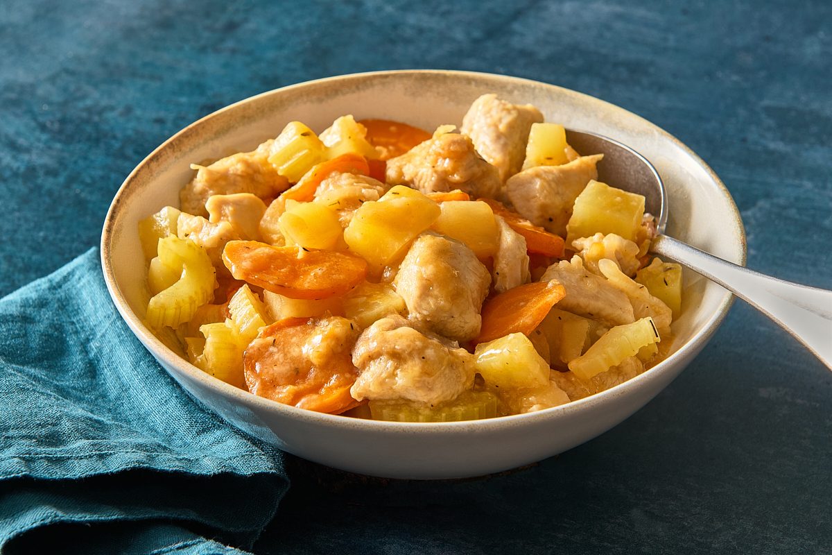 Closeup of a bowl of chicken stew