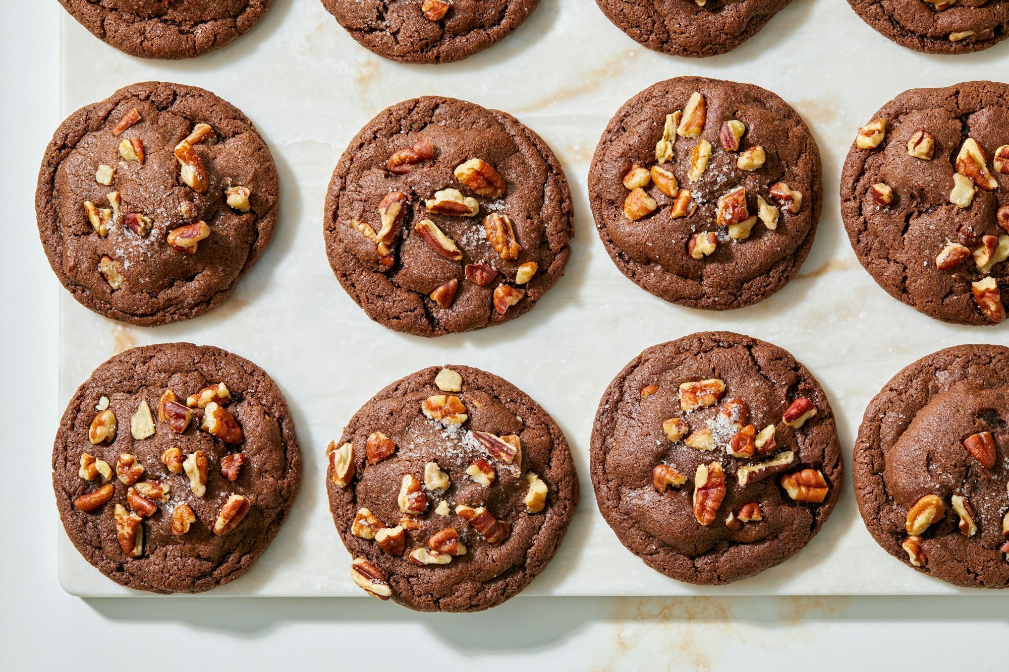 Overhead Shot of Chocolate Caramel Cookies on Cutting Board