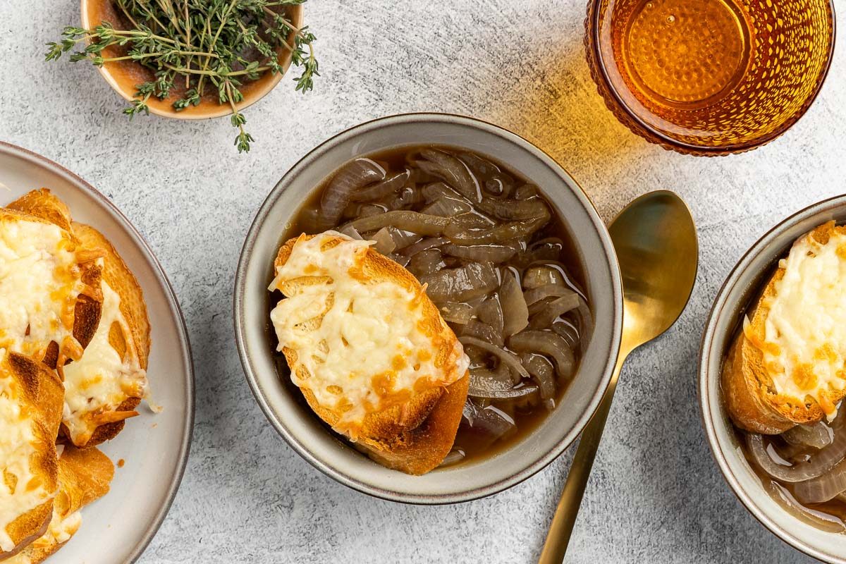 Taste of Home Crock Pot French Onion Soup recipe photo of the finished recipe served in bowls.