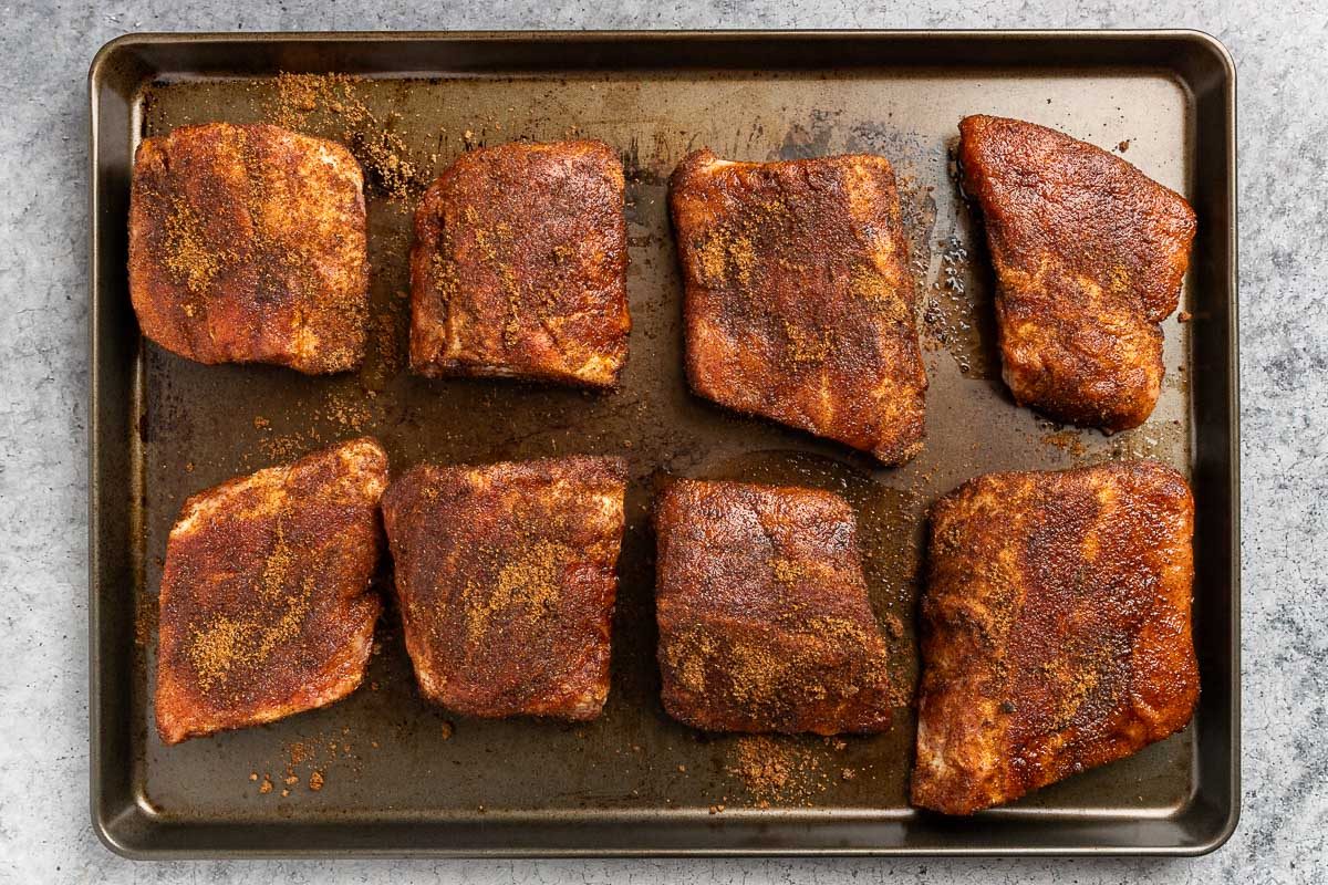 Taste of Home Dr Pepper ribs recipe photo of the ribs rubbed with the spices and ready for baking.