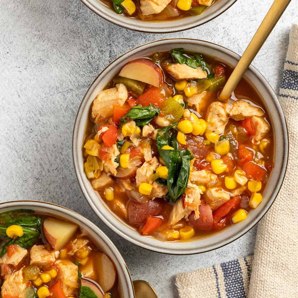 Taste of Home Crockpot Chicken Vegetable Soup recipe photo of the finished recipe served into bowls.