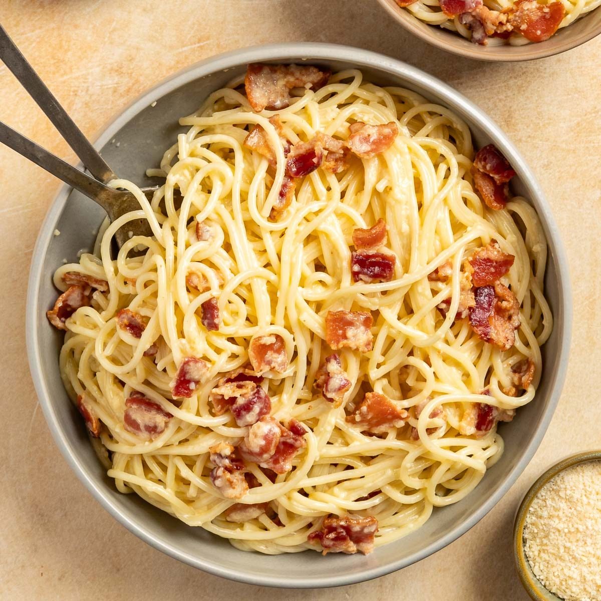 Taste of Home Skillet Pasta with Bacon and Egg recipe photo of the finished recipe served in a serving bowl.