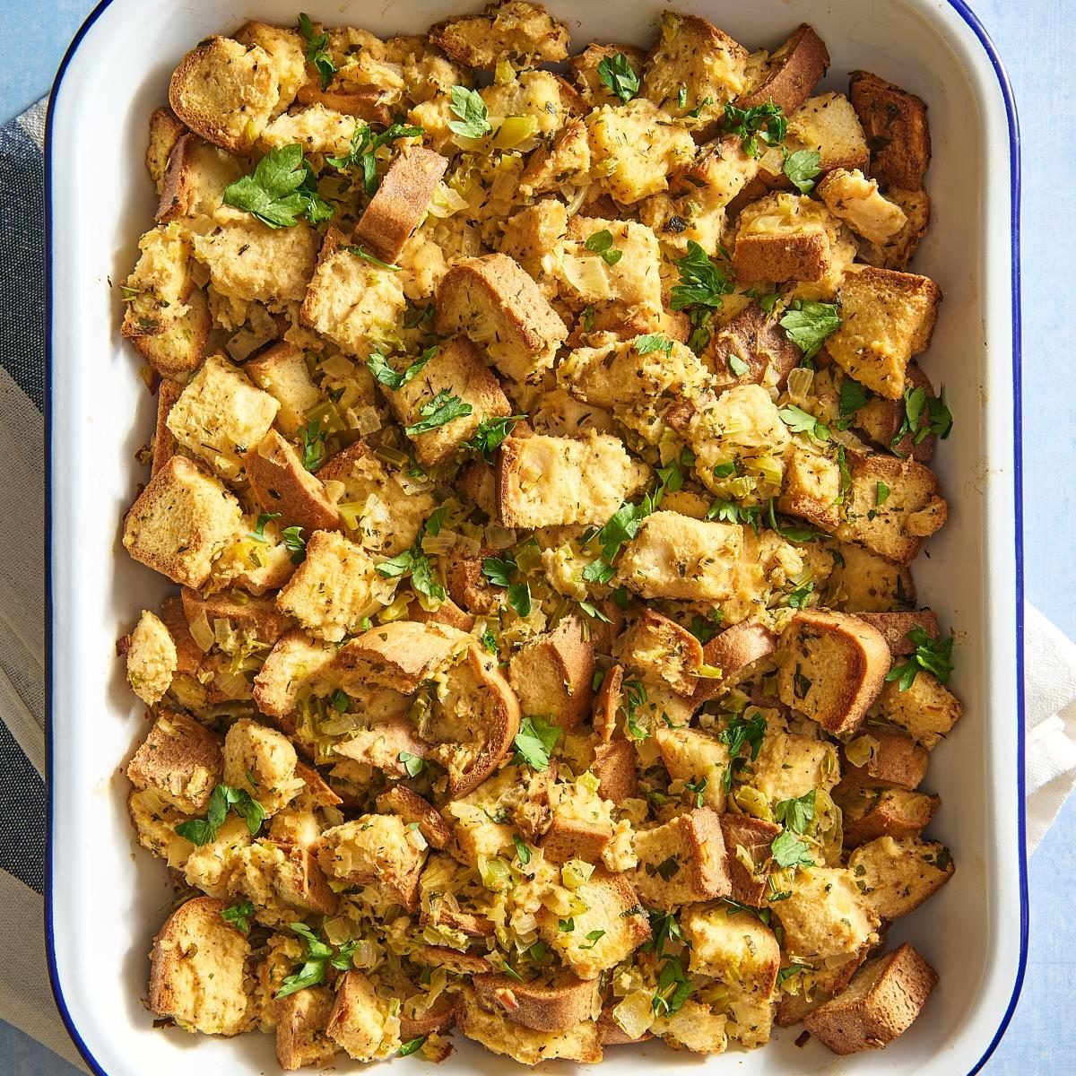 Closeup of gluten free stuffing in a baking dish